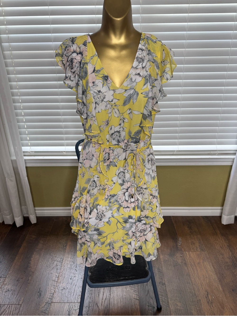 Tommy Hilfiger Yellow Floral V-Neck Ruffle Tie-Waist Mini Dress
